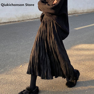 2022 Autumn Winter Wrinkled Black Pleated Skirt Women Korean Style Casual High Waisted A-Line Long Skirts Midi falda plisada