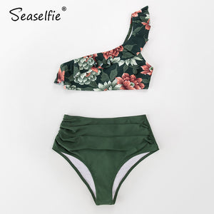 SEASELFIE One Shoulder Ruffled High Waist Bikini Sets Women Sexy Green Floral Two Piece Swimsuit 2022 New Swimming Suit Swimwear