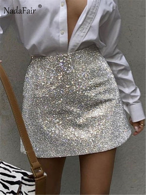 Nadafair Glitter Skirts Womens 2021 Club Night High Waist A- Line Street Wrap Sexy Shiny Party Mini Skirts