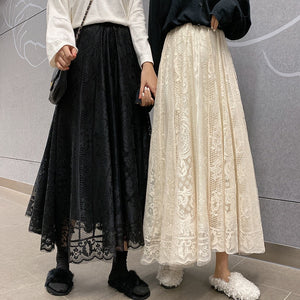 Elastic High Waist Lace Skirts Women Spring Summer Skirt 2020 Korean Elegant Casual A-line Black Apricot Long Maxi Skirts X091