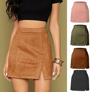 Woman Suede Zipper Bandage Slim Sexy Mini Autumn Winter New Korean High Waist Casual Solid A-line Slits Brown Bodycon Skirts