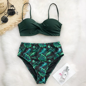 CUPSHE Green Leafy Print Bikini Set Women Heart Neck Push Up High-Waisted Two Pieces Swimwear 2022 Beach Bathing Suits Swimsuits