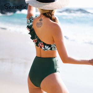 SEASELFIE One Shoulder Ruffled High Waist Bikini Sets Women Sexy Green Floral Two Piece Swimsuit 2022 New Swimming Suit Swimwear