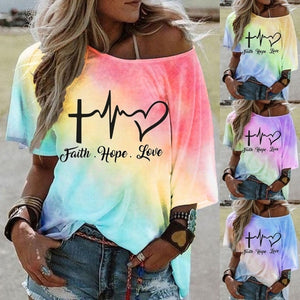 Fashion Tie Dye T Shirt Women Gradient Color Faith Hope Love Print Oversized Tee Shirt Summer Y2K Half Sleeve Graphic T-Shirt