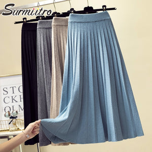 SURMIITRO 2021 Fashion Autumn Winter Knitted Midi Long Pleated Skirt Women Korean Style Blue Mid-Length High Waist Skirt Female
