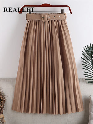 REALEFT 2022 New High Waist Women&#39;s Pleated Skirts with Belted Spring Summer Minimalism Elegant Office Female Mi-long Skirt Saia