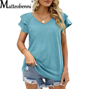 2022 New Summer Women Solid Color T Shirt Top Street Casual Loose Cotton T Shirts Ladies Ruffle Short Sleeve V-Neck Tee Tops