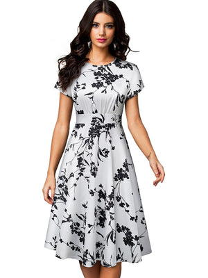 Nice-forever Vintage Elegant Floral Print Pleated Round neck vestidos A-Line Pinup Business Party Women Flare Swing Dress A102