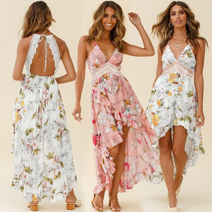 Summer Beach Lace Sling Irregular Dress Women New V Neck Halter Sexy Dress Backless Elegant Floral Party Dress Vestidos 21950
