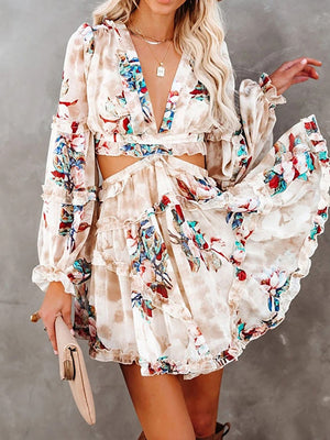 Sweet Women Summer Bohemian Mini Dress Full Sleeve Deep V Neck Printing Lady Sexy Dress 2022 Hollow Out Ruffles Dress Streetwear