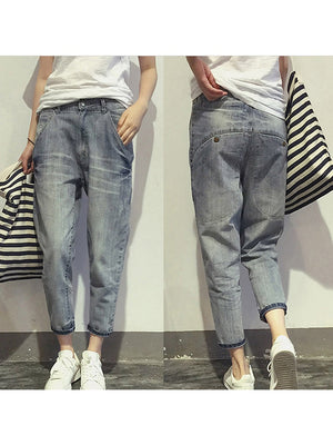 16023 Women&#39;s Jeans Spring Korean Style Loose Office Ladies Streetwear Solid Color Light Blue Elastic Bleach Scratch Denim Pants