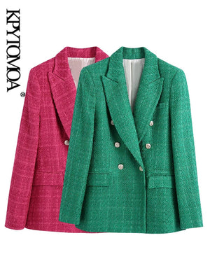 KPYTOMOA Women  Fashion Double Breasted Tweed Green Blazer Coat Vintage Long Sleeve Flap Pockets Female Outerwear Chic Veste