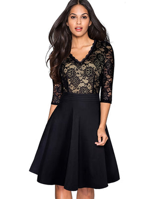 Nice-forever Vintage Black Flower Elegant Lace Ruffle vestidos See Through Sleeve A-Line Pinup Business Women Flare Dress A062