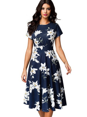 Nice-forever Vintage Elegant Floral Print Pleated Round neck vestidos A-Line Pinup Business Party Women Flare Swing Dress A102