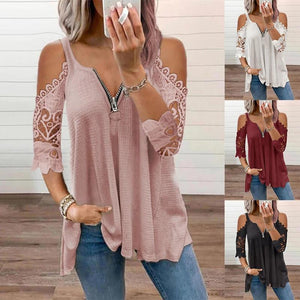 2022 Summer Women&#39;s T-shirts Sexy Off Shoulder Lace Short Sleeve Blouses Shirts Ladies Casual Zipper V Neck Oversized Shirt Tops