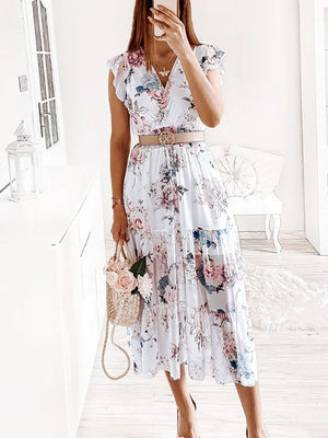 Short Butterfly Sleeve Casual Party Dress Women Deep V-Neck Floral Printing Summer Simple Ladies Dress Streetwear Dropshipping