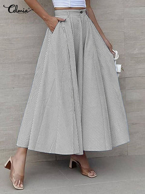Women Long Skirts 2022 Striped Party Maxi Skirt Celmia Fashion Loose Casual Skirt Summer High Waist A-line Office Lady Bottoms