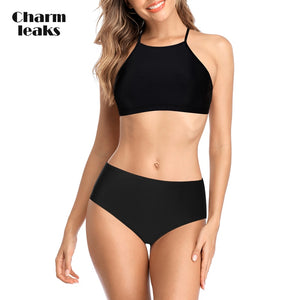 Charmleaks Women Bikini Set Halter Swimwear High Neck Swimsuit Vintage Printed Bathing Suit Beachwear Bikini