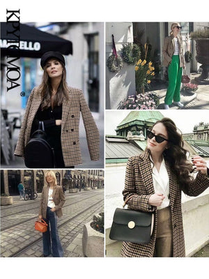 KPYTOMOA Women Fashion Office Wear Double Breasted Check Blazers Coat Vintage Long Sleeve Pockets Female Outerwear Chic Tops