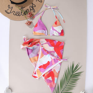 Brazilian floral print swimsuit 3-piece mesh bikini set Triangle micro swimwear women String high cut bathing suit Beach wear