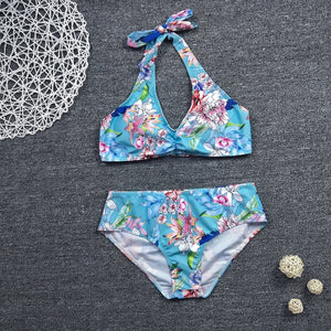 Blue Floral Bandage V-neck Bikini Sets Swimsuit Women Sexy Lace Up Two Pieces Swimwear 2021 New Girl Beach Bathing Suits