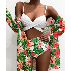 Print Floral Swimsuits 3 PCS Beach Bikinis Set Push Up Female Swimwear Bather Swim Wear Women Bathing Suit 2022