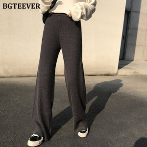 BGTEEVER Autumn Winter Women Thick pant Loose Elastic Waist Straight Leg Knitted Long Pant 2021 Ladies Casual Sweater Trouser