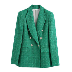 KPYTOMOA Women  Fashion Double Breasted Tweed Green Blazer Coat Vintage Long Sleeve Flap Pockets Female Outerwear Chic Veste