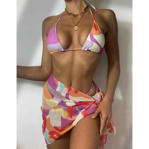 Brazilian floral print swimsuit 3-piece mesh bikini set Triangle micro swimwear women String high cut bathing suit Beach wear