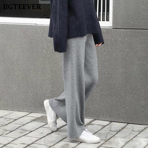 BGTEEVER Autumn Winter Women Thick pant Loose Elastic Waist Straight Leg Knitted Long Pant 2021 Ladies Casual Sweater Trouser