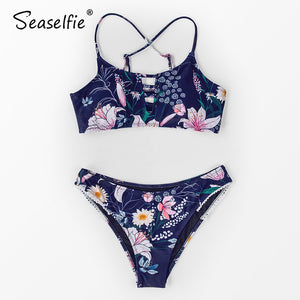 SEASELFIE Sexy Cutout Low-waist Bikini Sets Swimwear Women Swimsuits Bathing Suit 2022 Navy Floral Tank Bikinis Beachwear