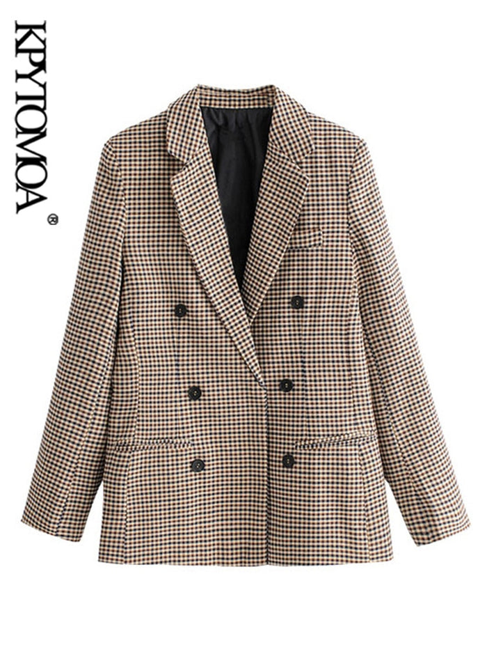 KPYTOMOA Women Fashion Office Wear Double Breasted Check Blazers Coat Vintage Long Sleeve Pockets Female Outerwear Chic Tops