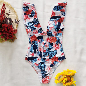 Sexy shoulders ruffled one-piece swimsuit printed floral swimsuit women&#39;s swimsuit swimwear beachwear Monokini