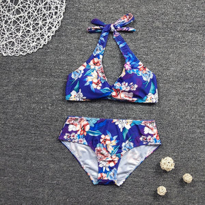 Blue Floral Bandage V-neck Bikini Sets Swimsuit Women Sexy Lace Up Two Pieces Swimwear 2021 New Girl Beach Bathing Suits