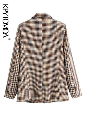 KPYTOMOA Women Fashion Office Wear Double Breasted Check Blazers Coat Vintage Long Sleeve Pockets Female Outerwear Chic Tops