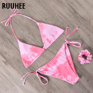 RUUHEE Leopard Lace Up Bikini Set Women Dye Tie Push Up Micro Bikini 2020 Leopard Swimsuit Sexy Swimwear Female Halter Bikinis