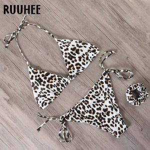 RUUHEE Leopard Lace Up Bikini Set Women Dye Tie Push Up Micro Bikini 2020 Leopard Swimsuit Sexy Swimwear Female Halter Bikinis