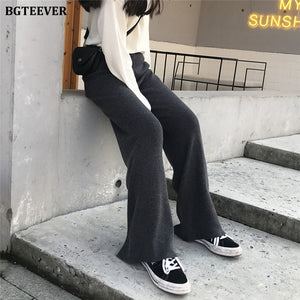 BGTEEVER Autumn Winter Women Thick pant Loose Elastic Waist Straight Leg Knitted Long Pant 2021 Ladies Casual Sweater Trouser