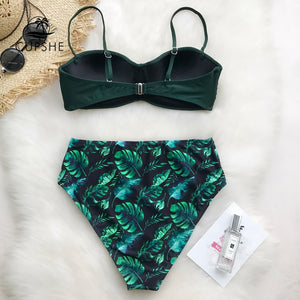 CUPSHE Green Leafy Print Bikini Set Women Heart Neck Push Up High-Waisted Two Pieces Swimwear 2022 Beach Bathing Suits Swimsuits