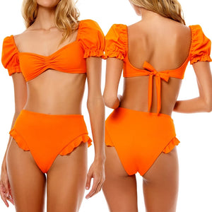 Sexy Bikini 2022 New 2 Piece Women Swimsuit Solid Color Short Puff Sleeve Summer High Waist Cut Backless Bathing Suit Beachwear