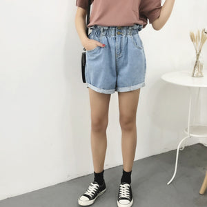 2021 Summer High Waist Denim Shorts Women Casual Loose Ladies Fashion Roll Up Hem Elastic Waist Pocket Blue White Jeans Female