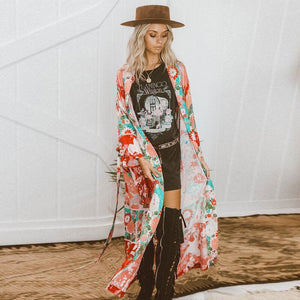 Women Chiffon Kimono Cardigan Floral Printed Long Sleeve Belt Casual Loose Long Outwear Thin Cover Ups Beachwear