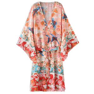 Women Chiffon Kimono Cardigan Floral Printed Long Sleeve Belt Casual Loose Long Outwear Thin Cover Ups Beachwear