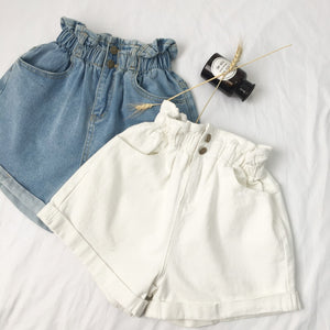 2021 Summer High Waist Denim Shorts Women Casual Loose Ladies Fashion Roll Up Hem Elastic Waist Pocket Blue White Jeans Female