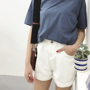 2021 Summer High Waist Denim Shorts Women Casual Loose Ladies Fashion Roll Up Hem Elastic Waist Pocket Blue White Jeans Female