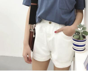 2021 Summer High Waist Denim Shorts Women Casual Loose Ladies Fashion Roll Up Hem Elastic Waist Pocket Blue White Jeans Female