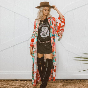 Women Chiffon Kimono Cardigan Floral Printed Long Sleeve Belt Casual Loose Long Outwear Thin Cover Ups Beachwear