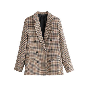 KPYTOMOA Women Fashion Office Wear Double Breasted Check Blazers Coat Vintage Long Sleeve Pockets Female Outerwear Chic Tops