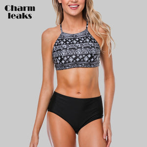 Charmleaks Women Bikini Set Halter Swimwear High Neck Swimsuit Vintage Printed Bathing Suit Beachwear Bikini