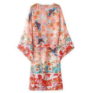 Women Chiffon Kimono Cardigan Floral Printed Long Sleeve Belt Casual Loose Long Outwear Thin Cover Ups Beachwear